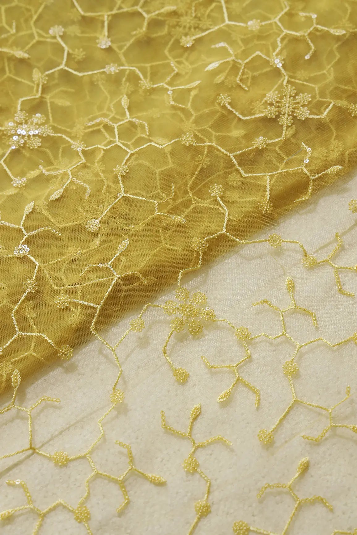 Beautiful Yellow Sequins Small Floral Embroidery On Yellow Soft Net Fabric