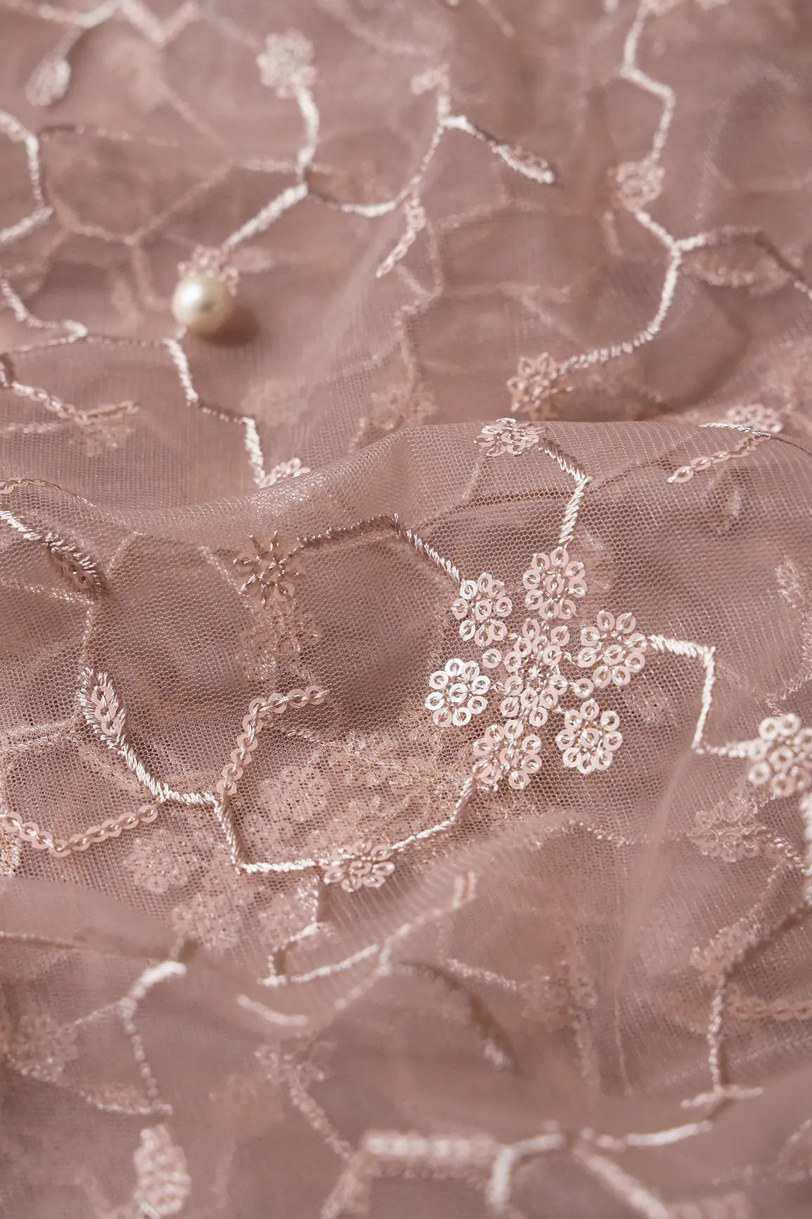 Beautiful Beige Sequins Small Floral Embroidery On Beige Soft Net Fabric