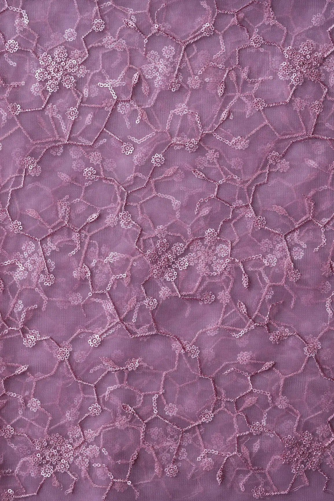 Beautiful Water Sequins Small Floral Embroidery On Mauve Soft Net Fabric