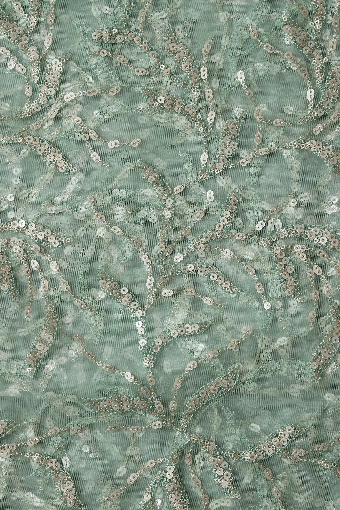 Gold And Silver Sequins Leafy Floral Embroidery On Olive Soft Net Fabric