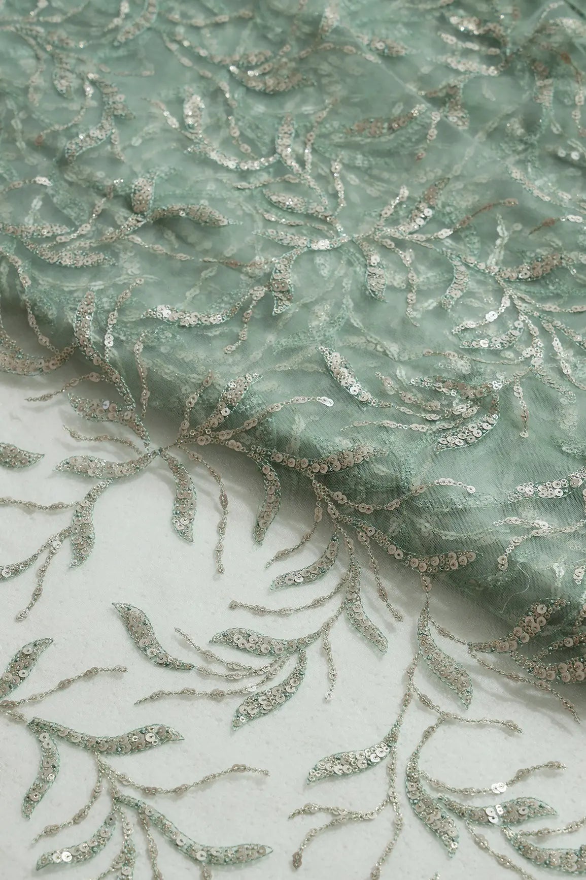 Gold And Silver Sequins Leafy Floral Embroidery On Olive Soft Net Fabric