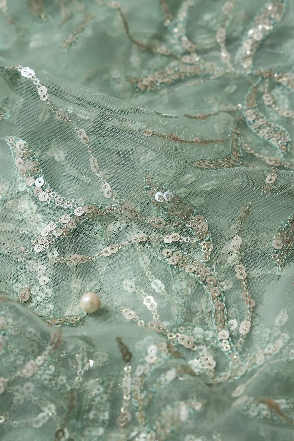 Gold And Silver Sequins Leafy Floral Embroidery On Olive Soft Net Fabric