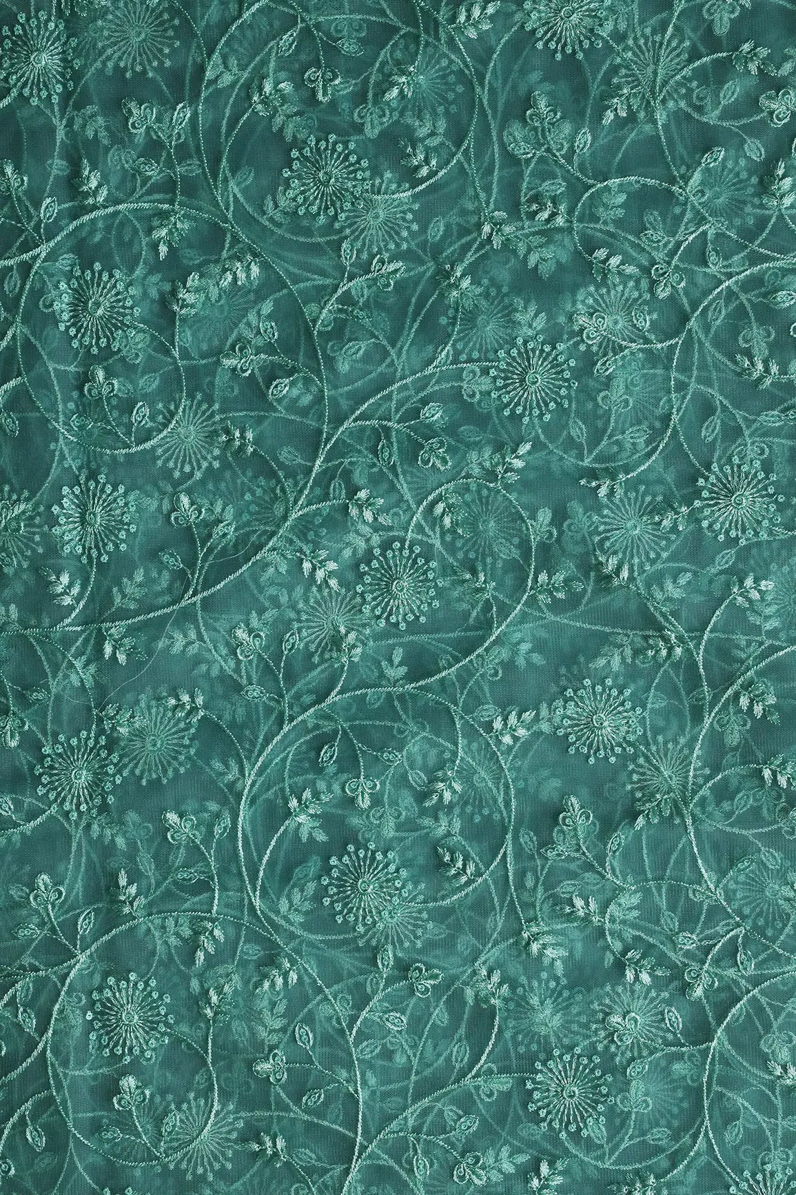 Teal Sequins With Teal Thread Floral Embroidery On Teal Soft Net Fabric