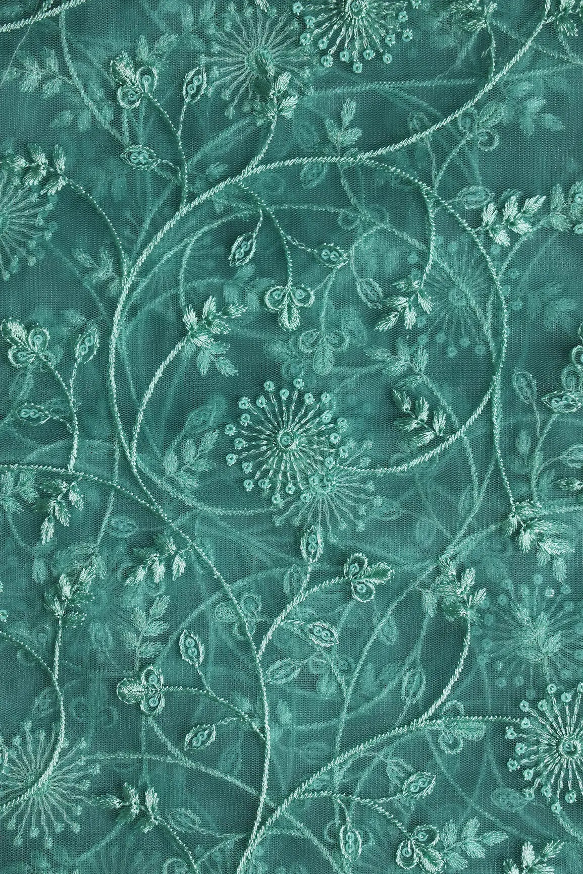 Teal Sequins With Teal Thread Floral Embroidery On Teal Soft Net Fabric