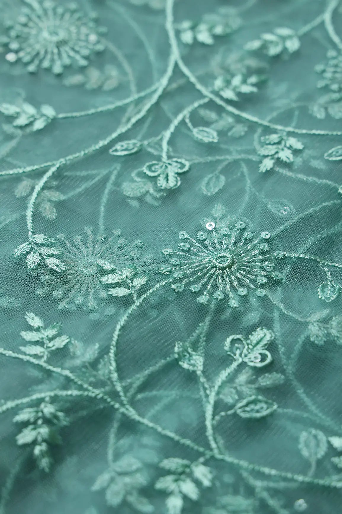 Teal Sequins With Teal Thread Floral Embroidery On Teal Soft Net Fabric