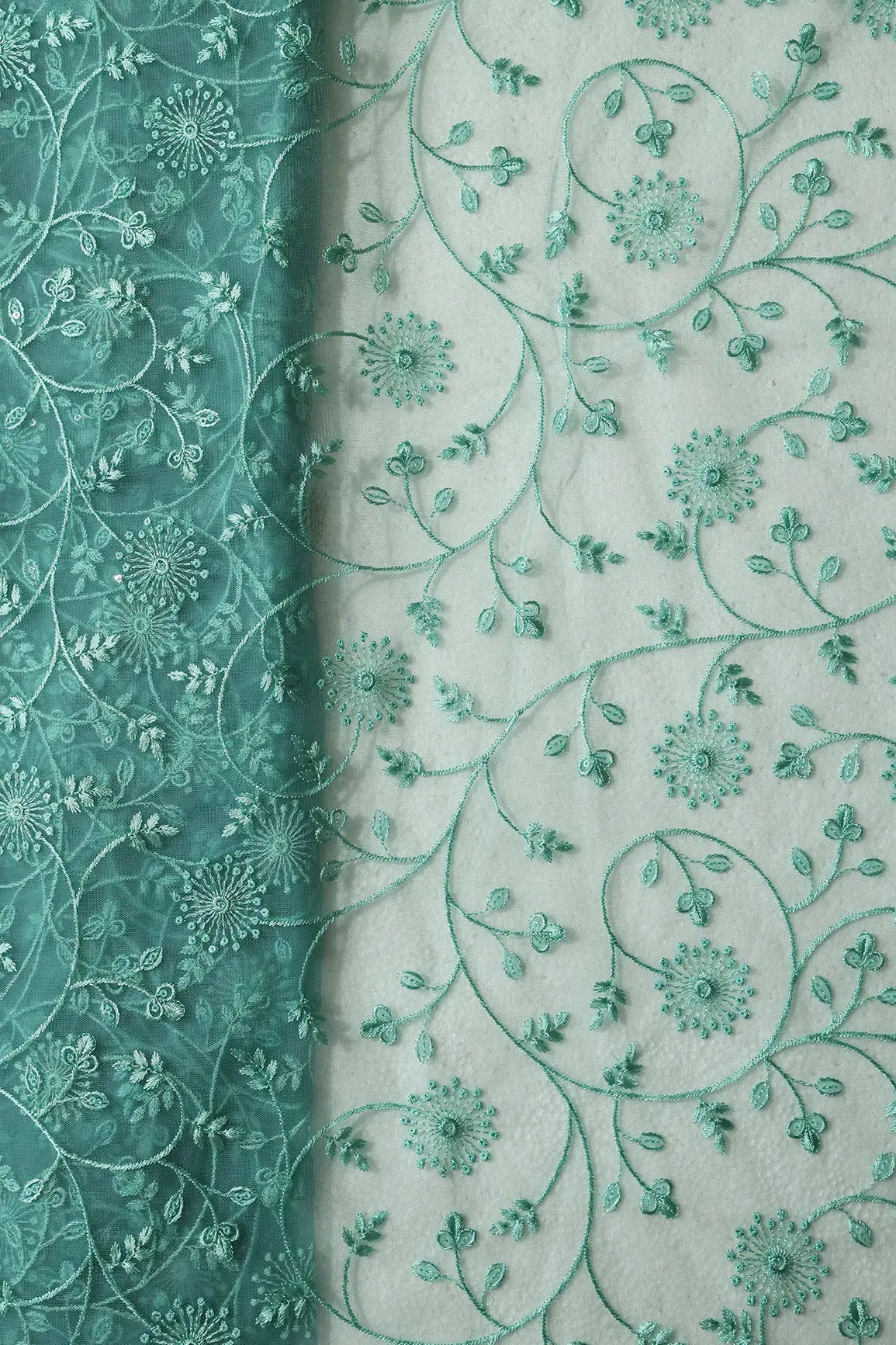 Teal Sequins With Teal Thread Floral Embroidery On Teal Soft Net Fabric