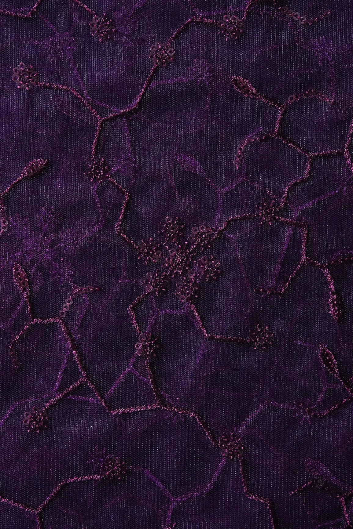 Beautiful Purple Sequins Small Floral Embroidery On Dark Purple Soft Net Fabric