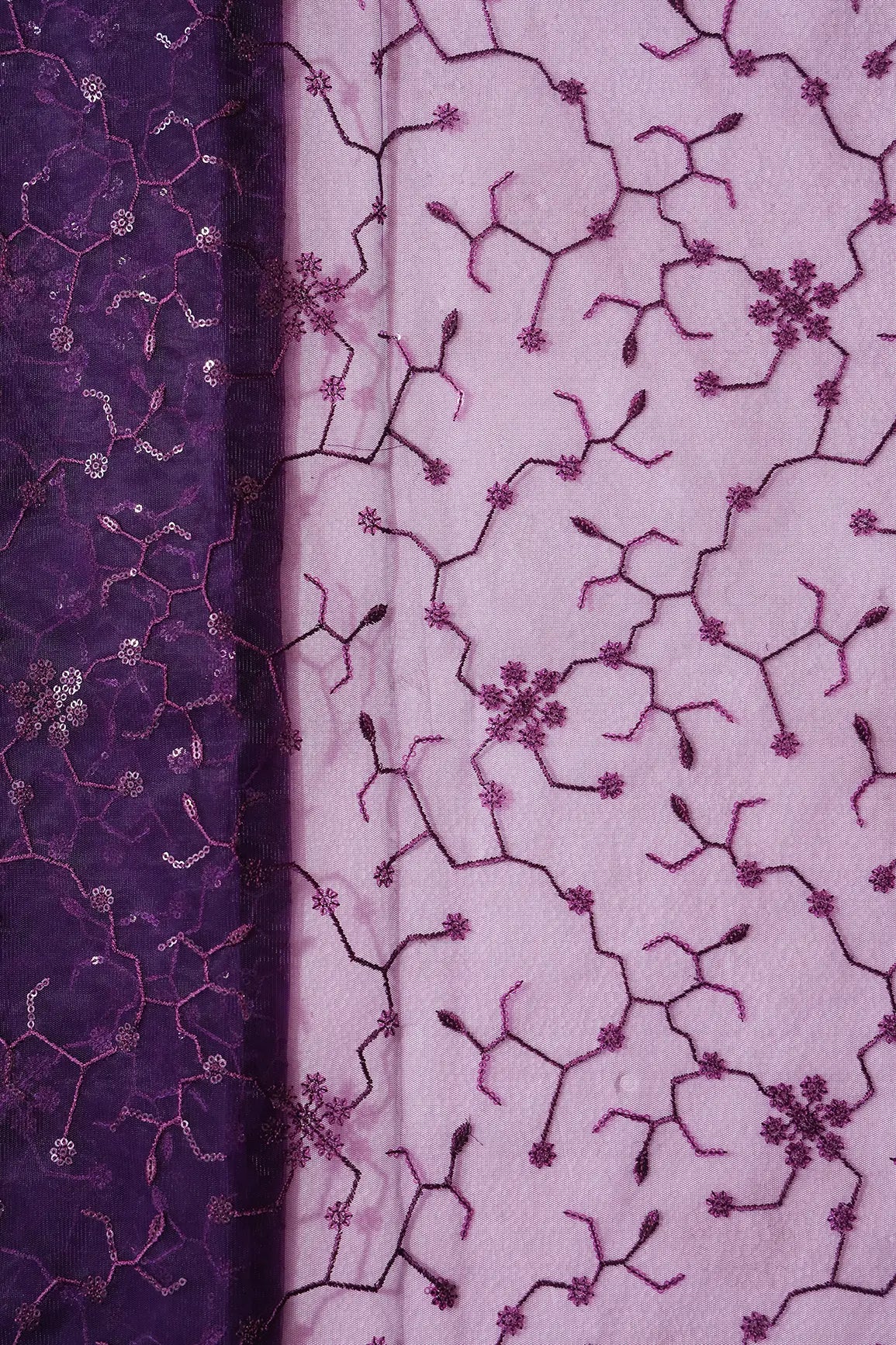 Beautiful Purple Sequins Small Floral Embroidery On Dark Purple Soft Net Fabric