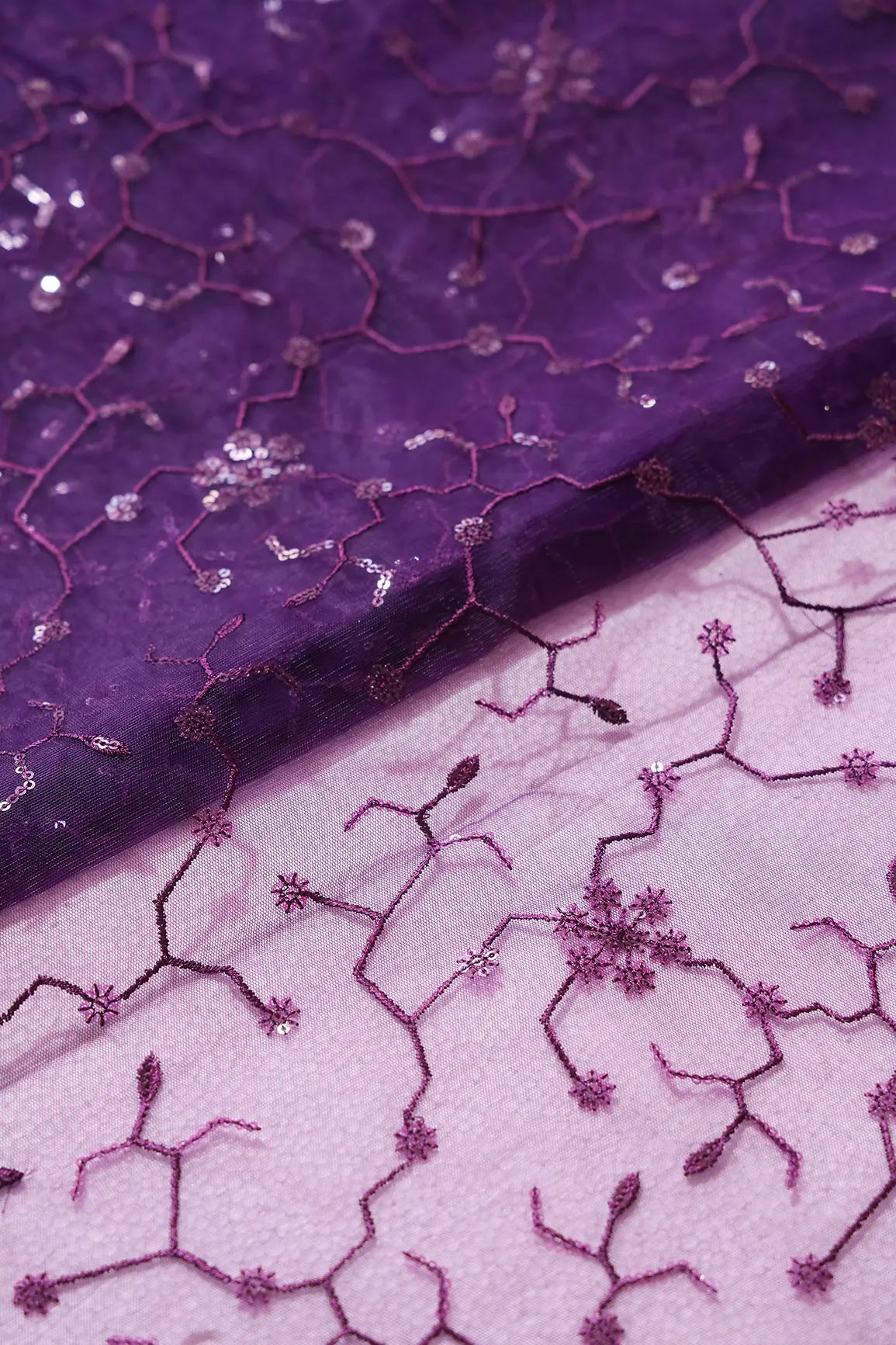 Beautiful Purple Sequins Small Floral Embroidery On Dark Purple Soft Net Fabric