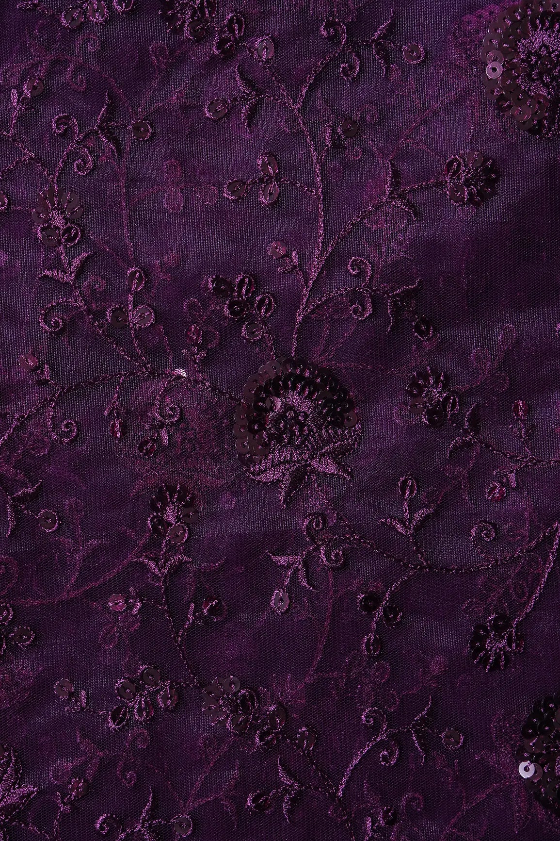 Wine Thread With Wine Sequins Floral Embroidery On Wine Soft Net Fabric