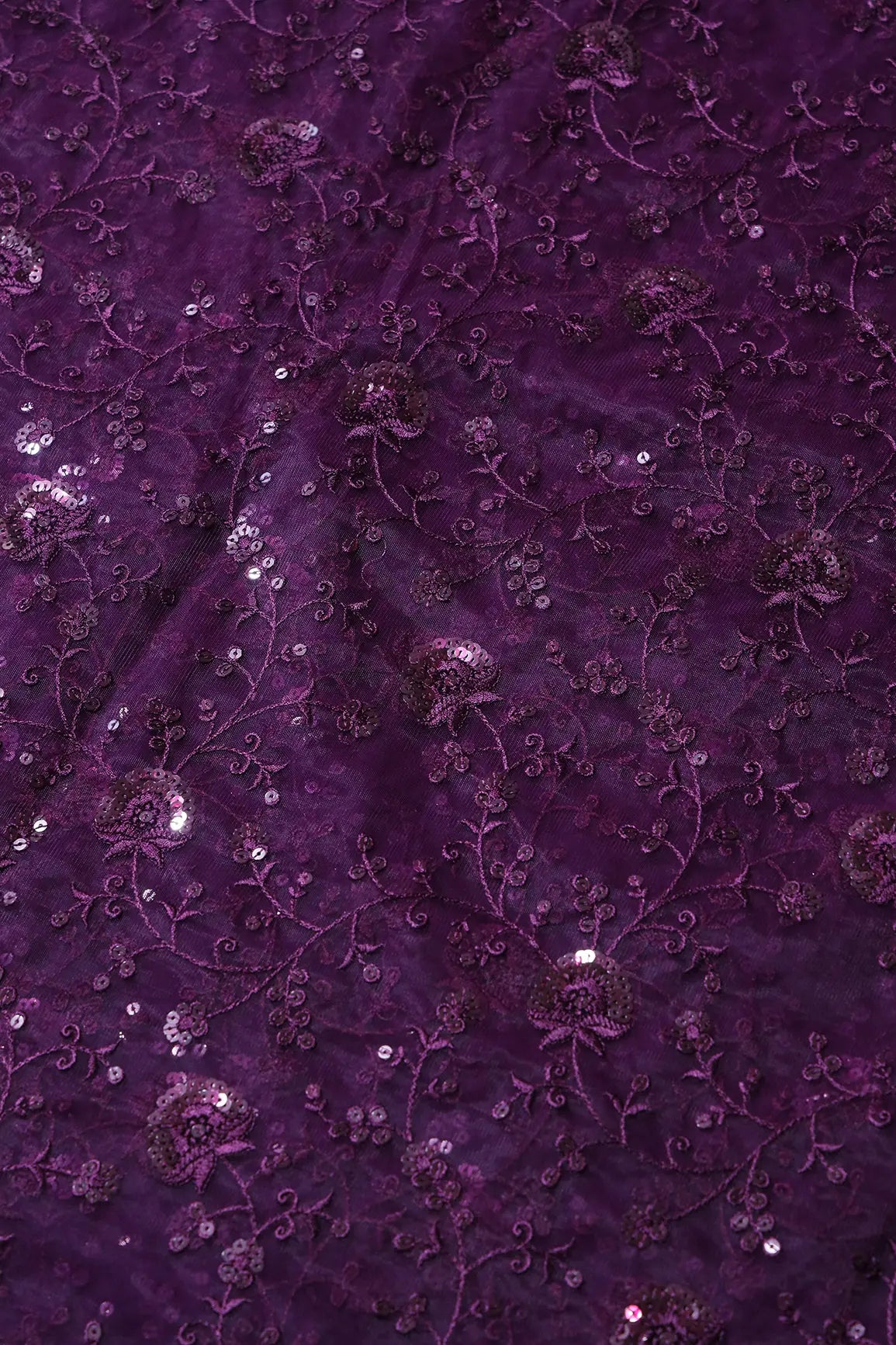 Wine Thread With Wine Sequins Floral Embroidery On Wine Soft Net Fabric