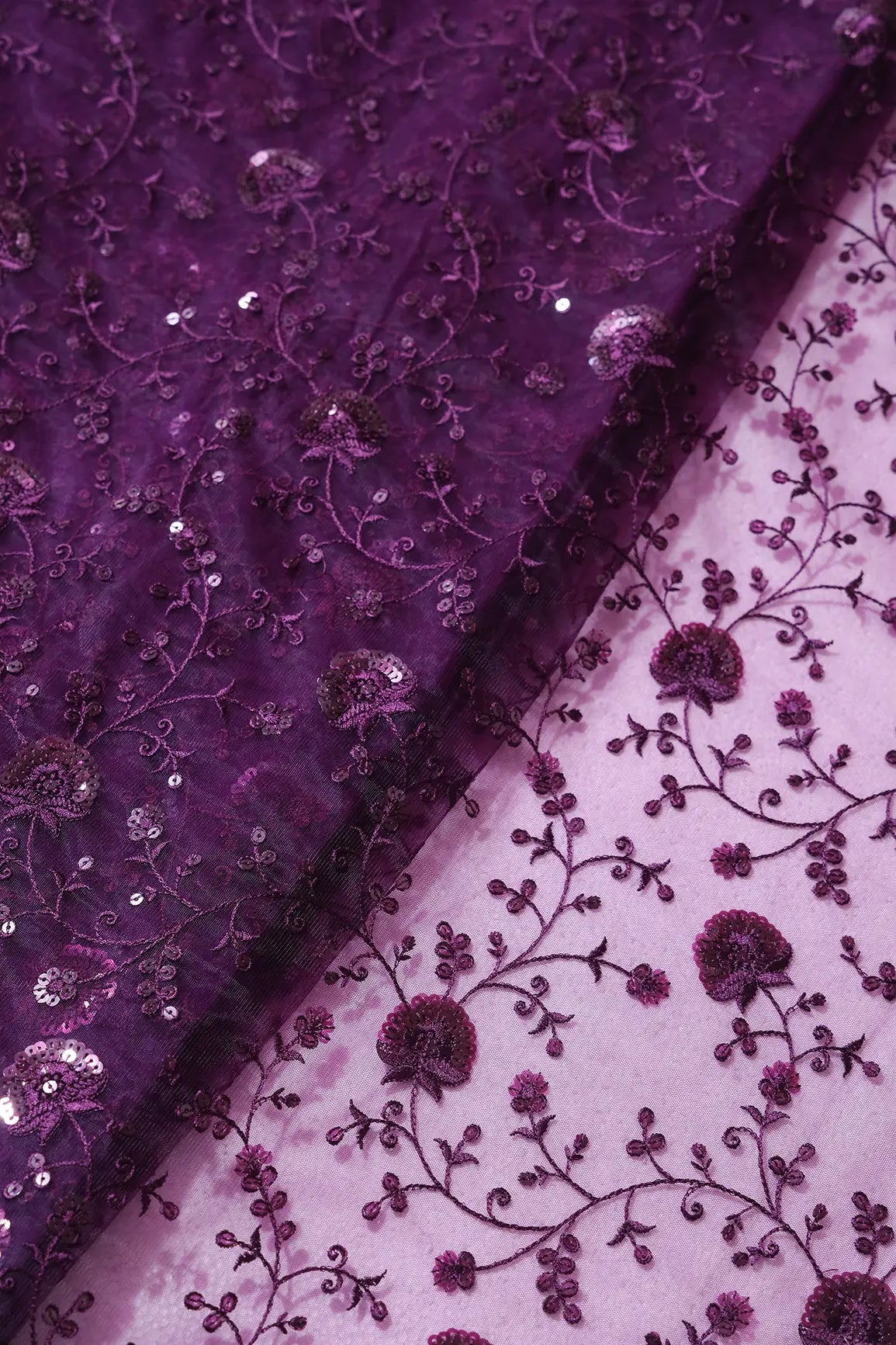 Wine Thread With Wine Sequins Floral Embroidery On Wine Soft Net Fabric