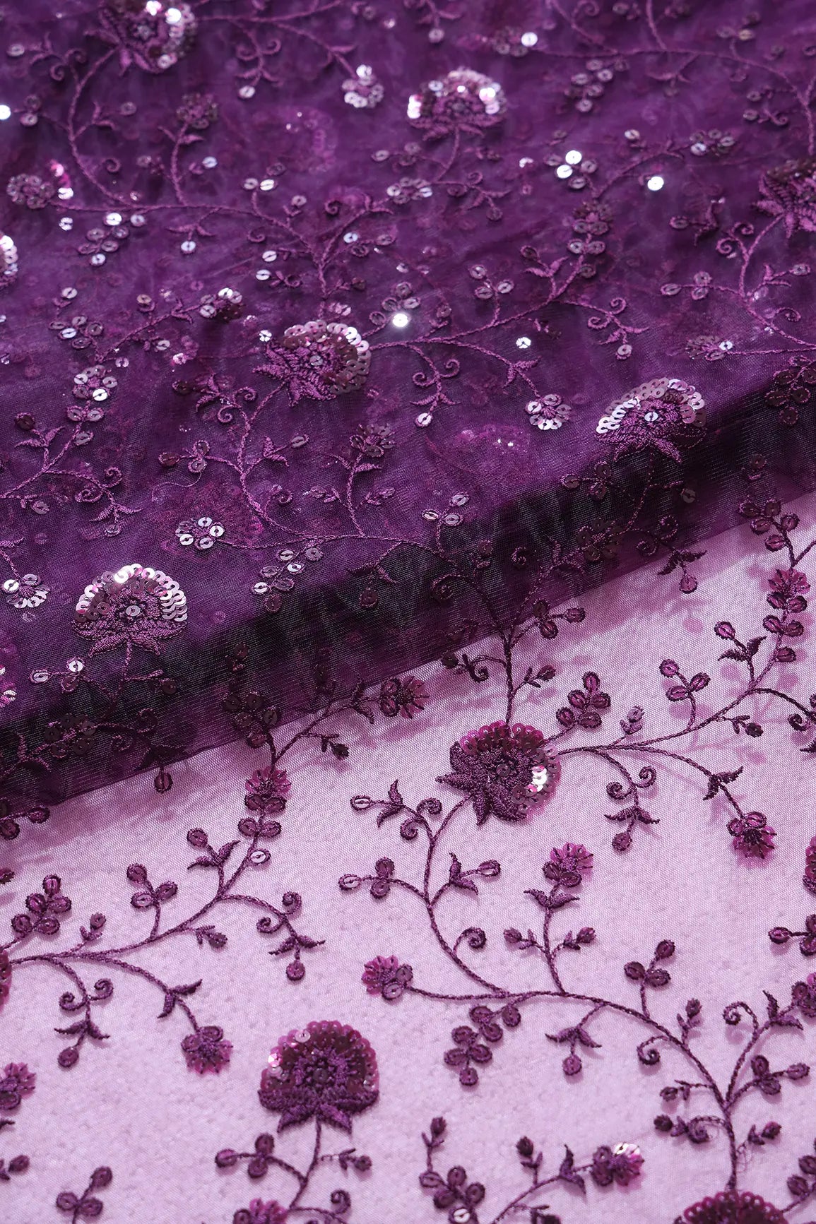 Wine Thread With Wine Sequins Floral Embroidery On Wine Soft Net Fabric