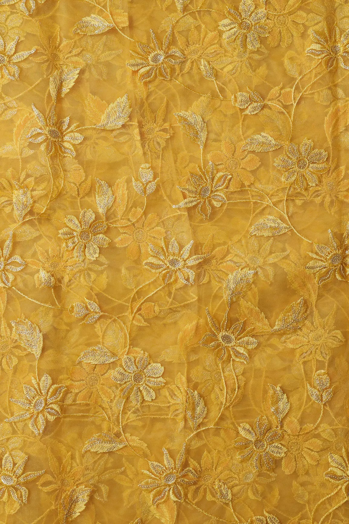 Yellow Thread With Gold  Sequins Floral Embroidery On Yellow Soft Net Fabric