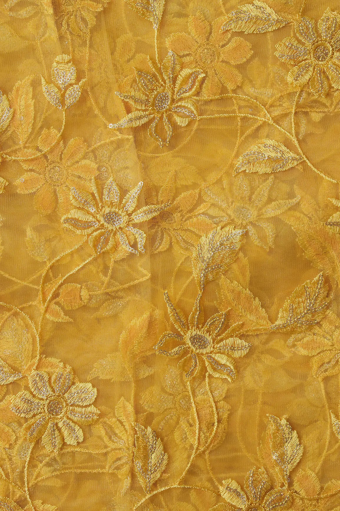 Yellow Thread With Gold  Sequins Floral Embroidery On Yellow Soft Net Fabric