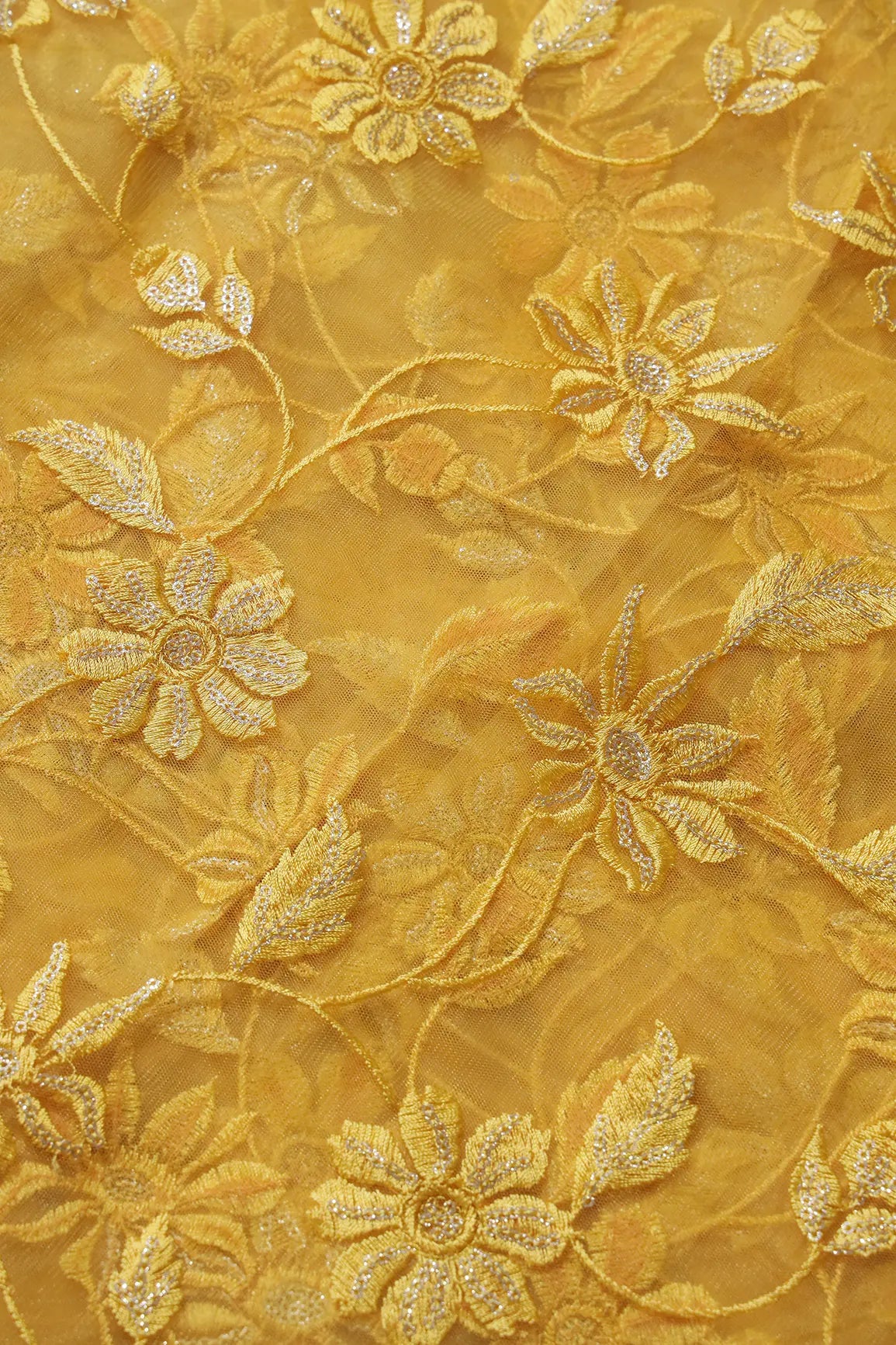 Yellow Thread With Gold  Sequins Floral Embroidery On Yellow Soft Net Fabric