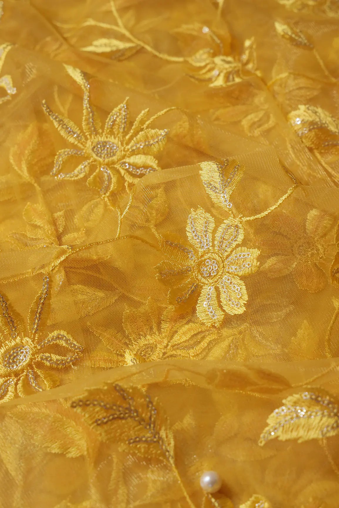 Yellow Thread With Gold  Sequins Floral Embroidery On Yellow Soft Net Fabric