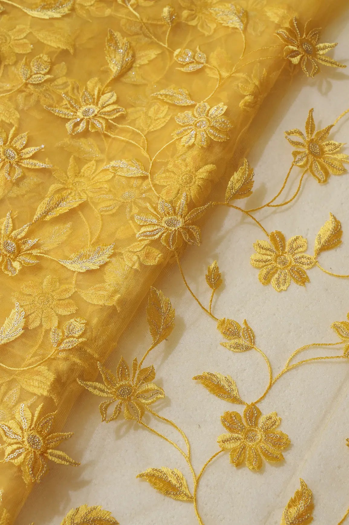 Yellow Thread With Gold  Sequins Floral Embroidery On Yellow Soft Net Fabric