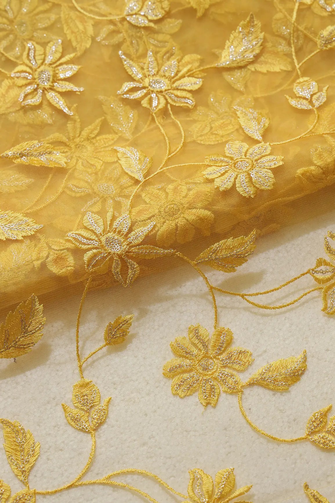 Yellow Thread With Gold  Sequins Floral Embroidery On Yellow Soft Net Fabric