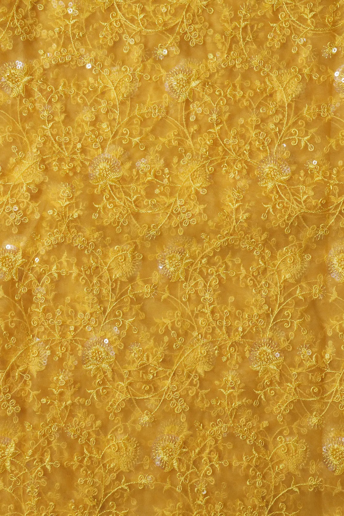 Yellow Thread With Water Sequins Floral Embroidery On Yellow Soft Net Fabric