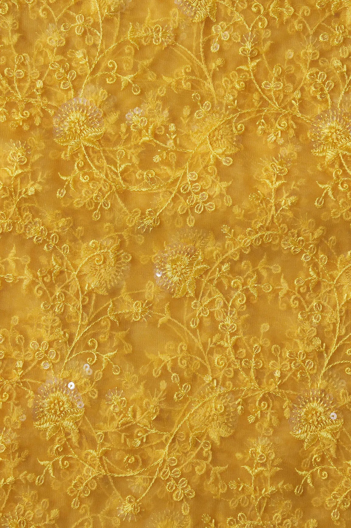 Yellow Thread With Water Sequins Floral Embroidery On Yellow Soft Net Fabric