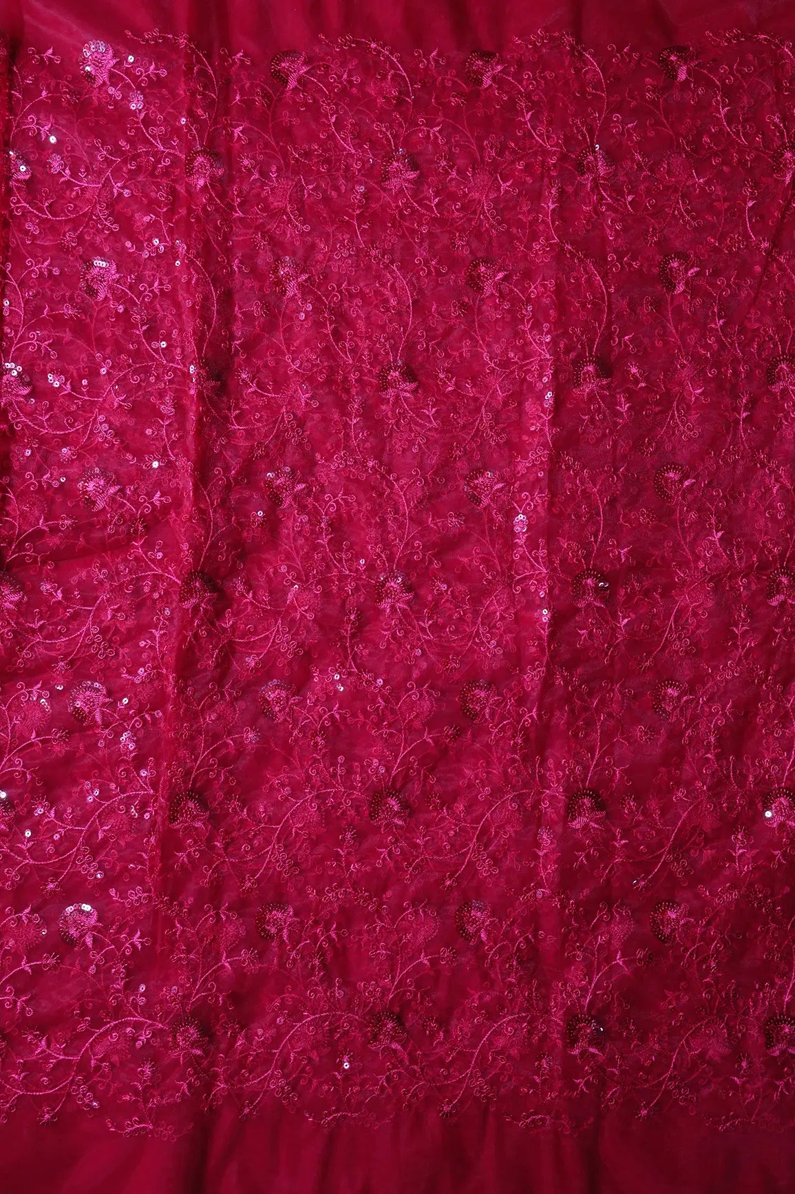 Red Thread With Red Sequins Floral Embroidery On Red Soft Net Fabric