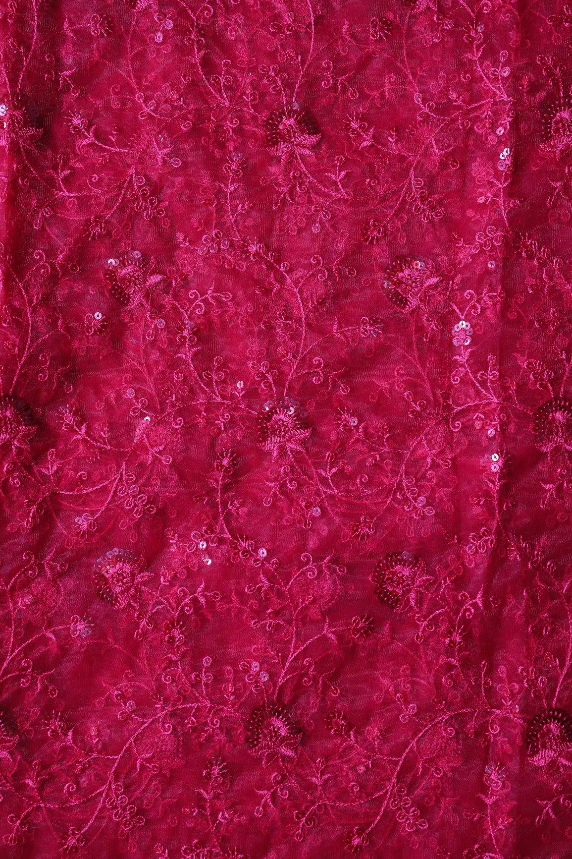 Red Thread With Red Sequins Floral Embroidery On Red Soft Net Fabric