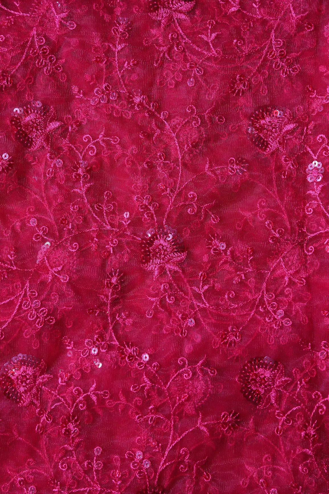 Red Thread With Red Sequins Floral Embroidery On Red Soft Net Fabric