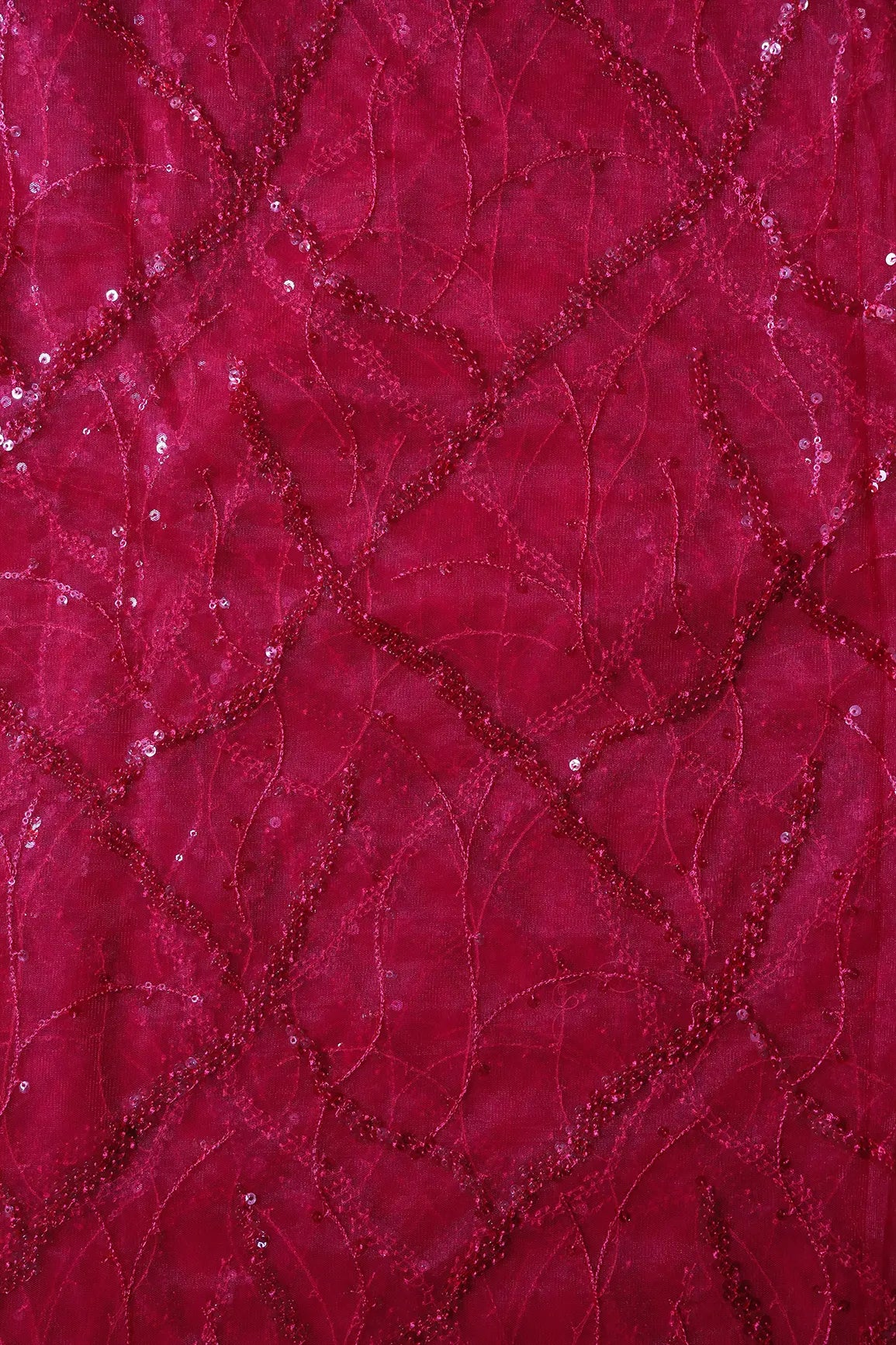 Red Sequins Geometric Embroidery On Cherry Red Soft Net Fabric