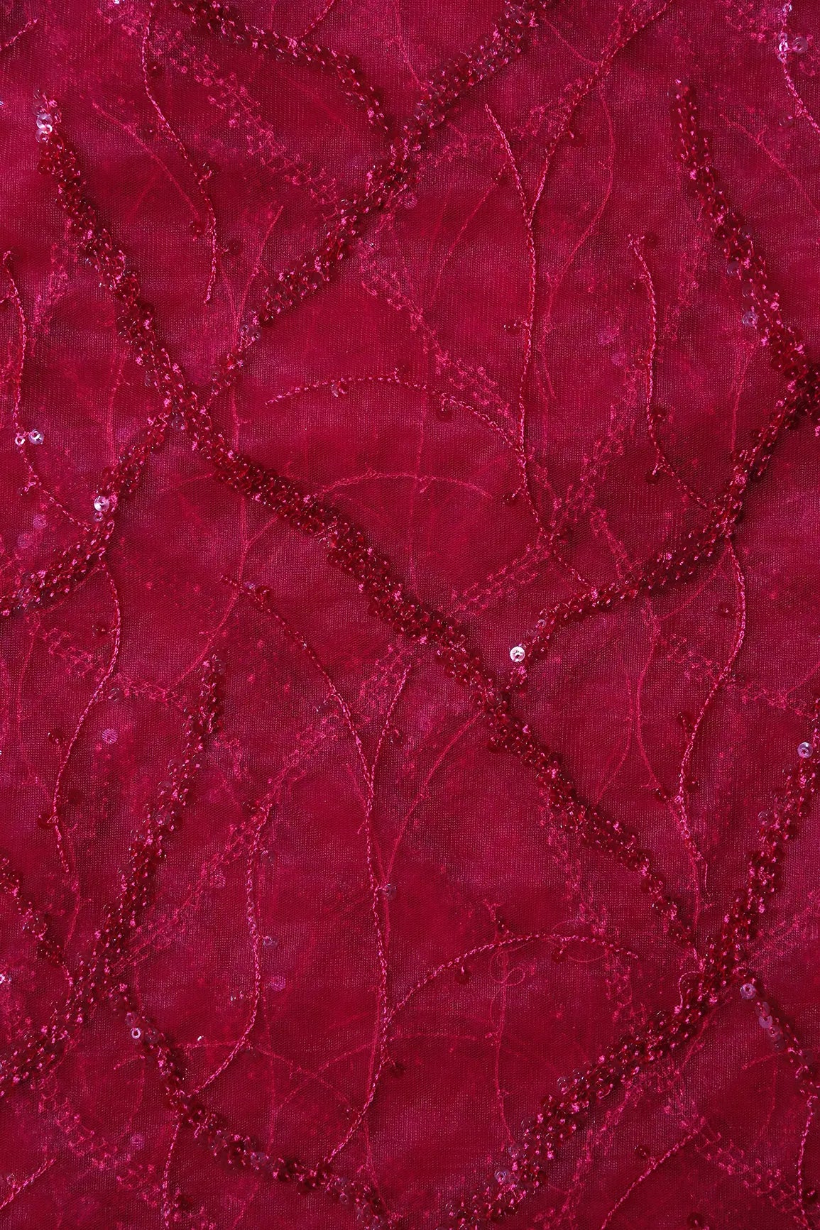 Red Sequins Geometric Embroidery On Cherry Red Soft Net Fabric