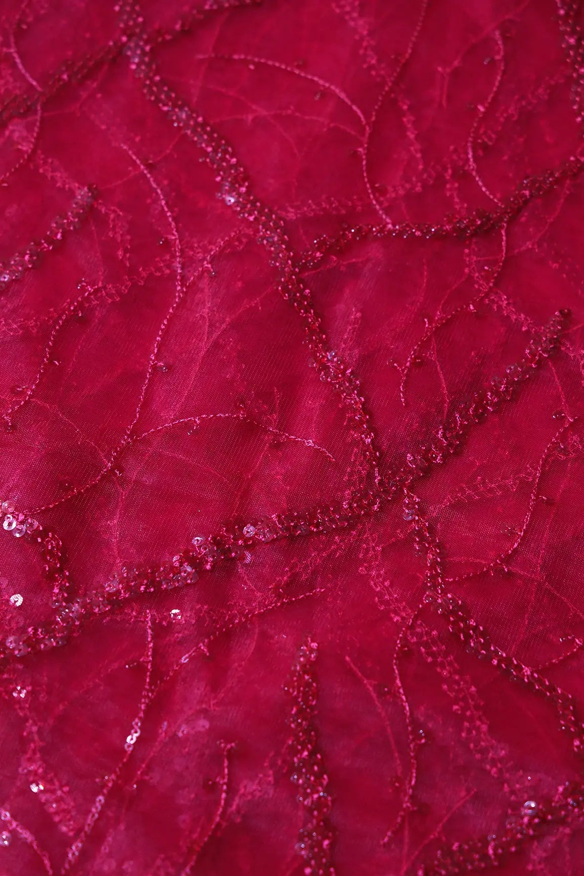 Red Sequins Geometric Embroidery On Cherry Red Soft Net Fabric