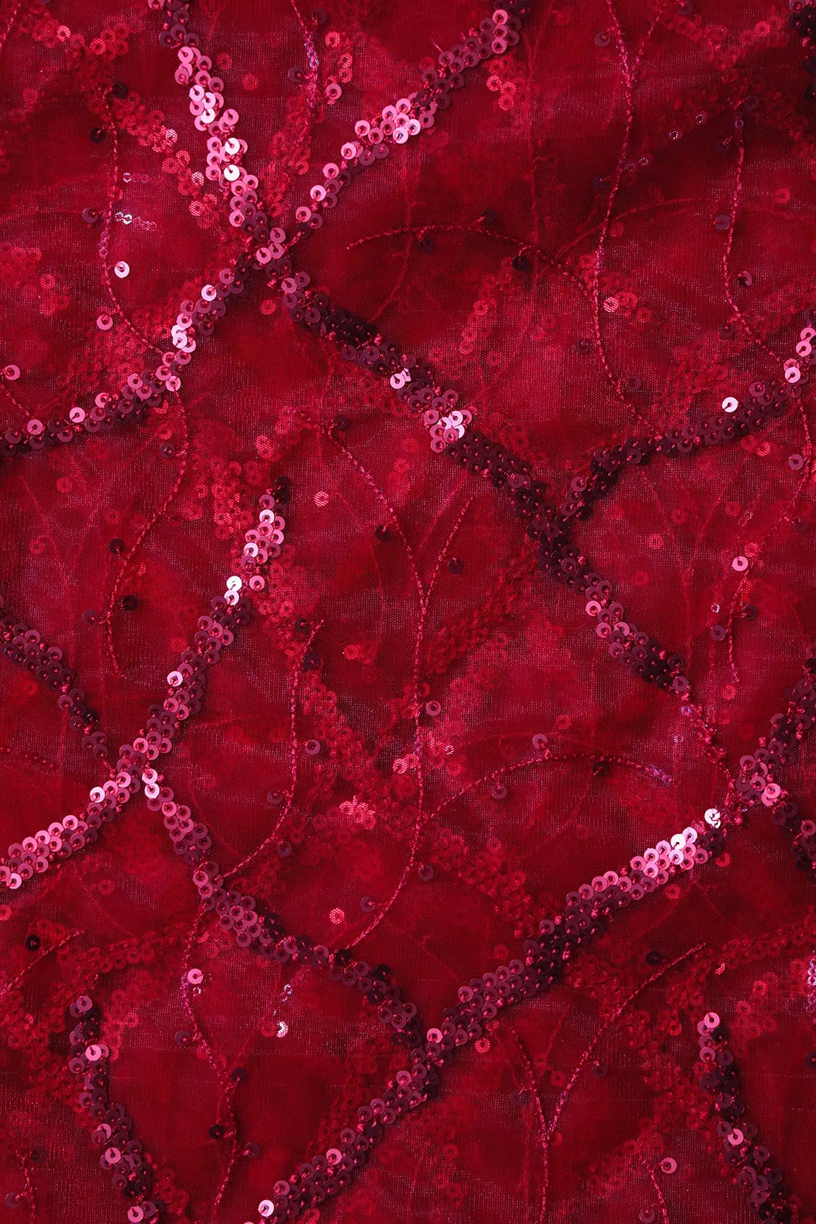 Red Sequins Geometric Embroidery On Red Soft Net Fabric