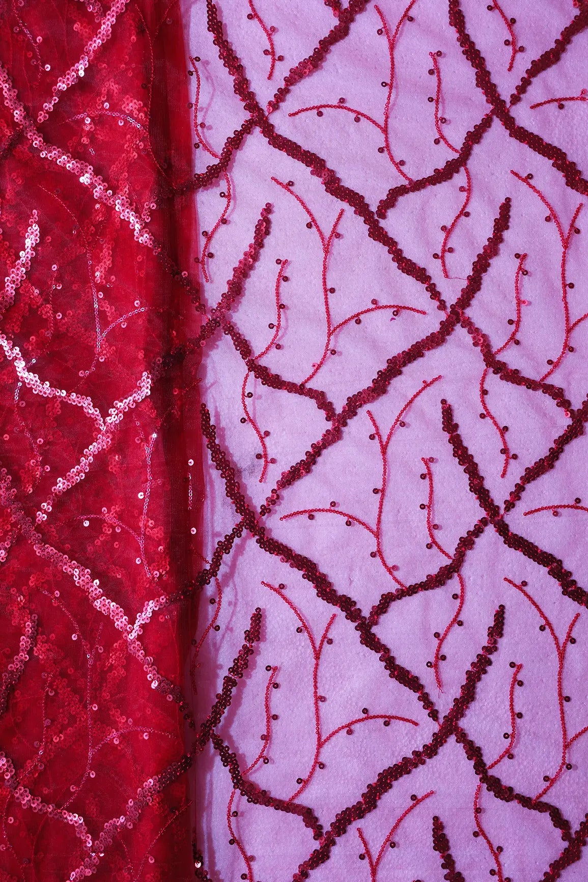 Red Sequins Geometric Embroidery On Red Soft Net Fabric