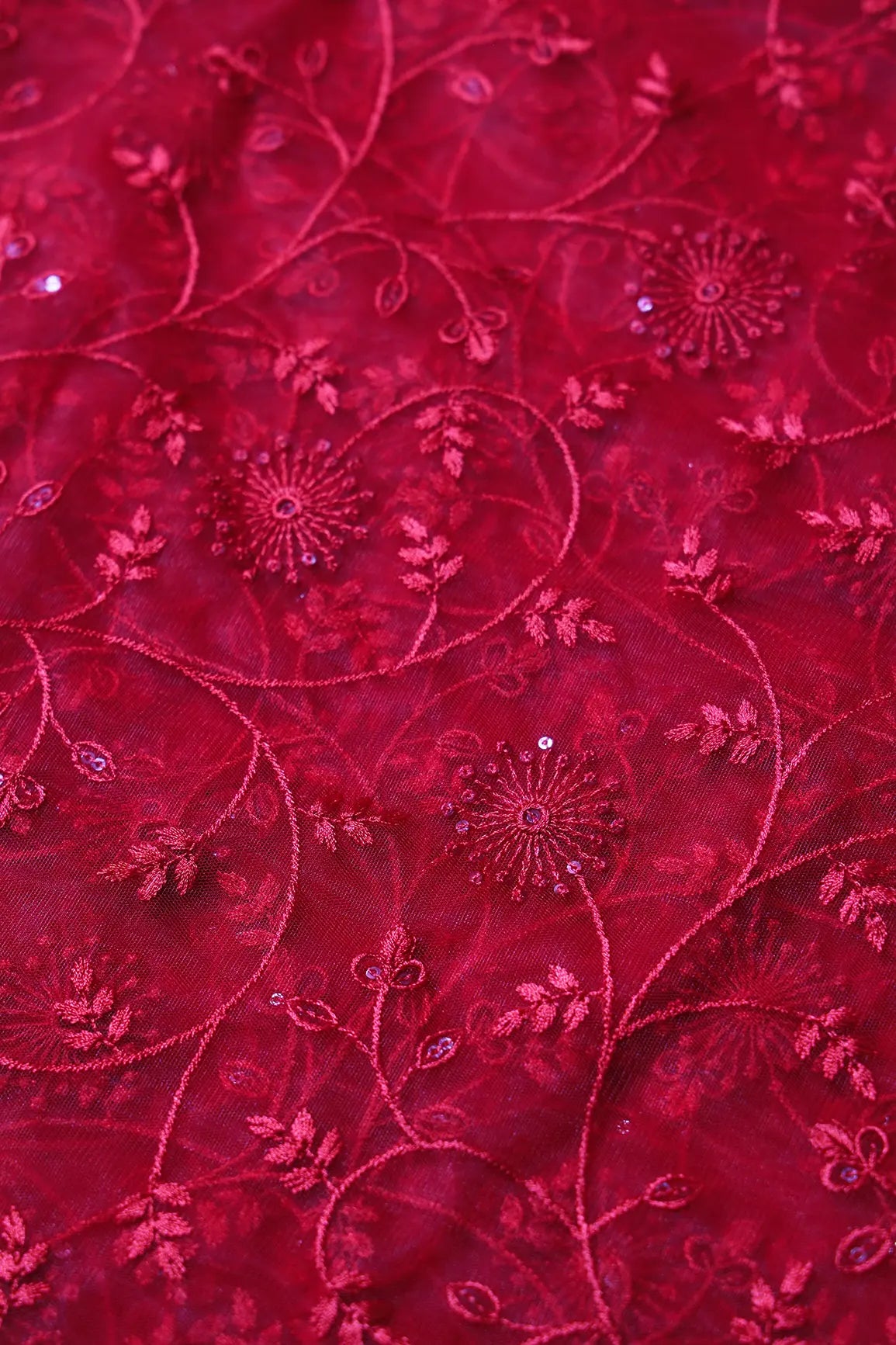 Red Sequins With Red Thread Floral Embroidery On Red Soft Net Fabric