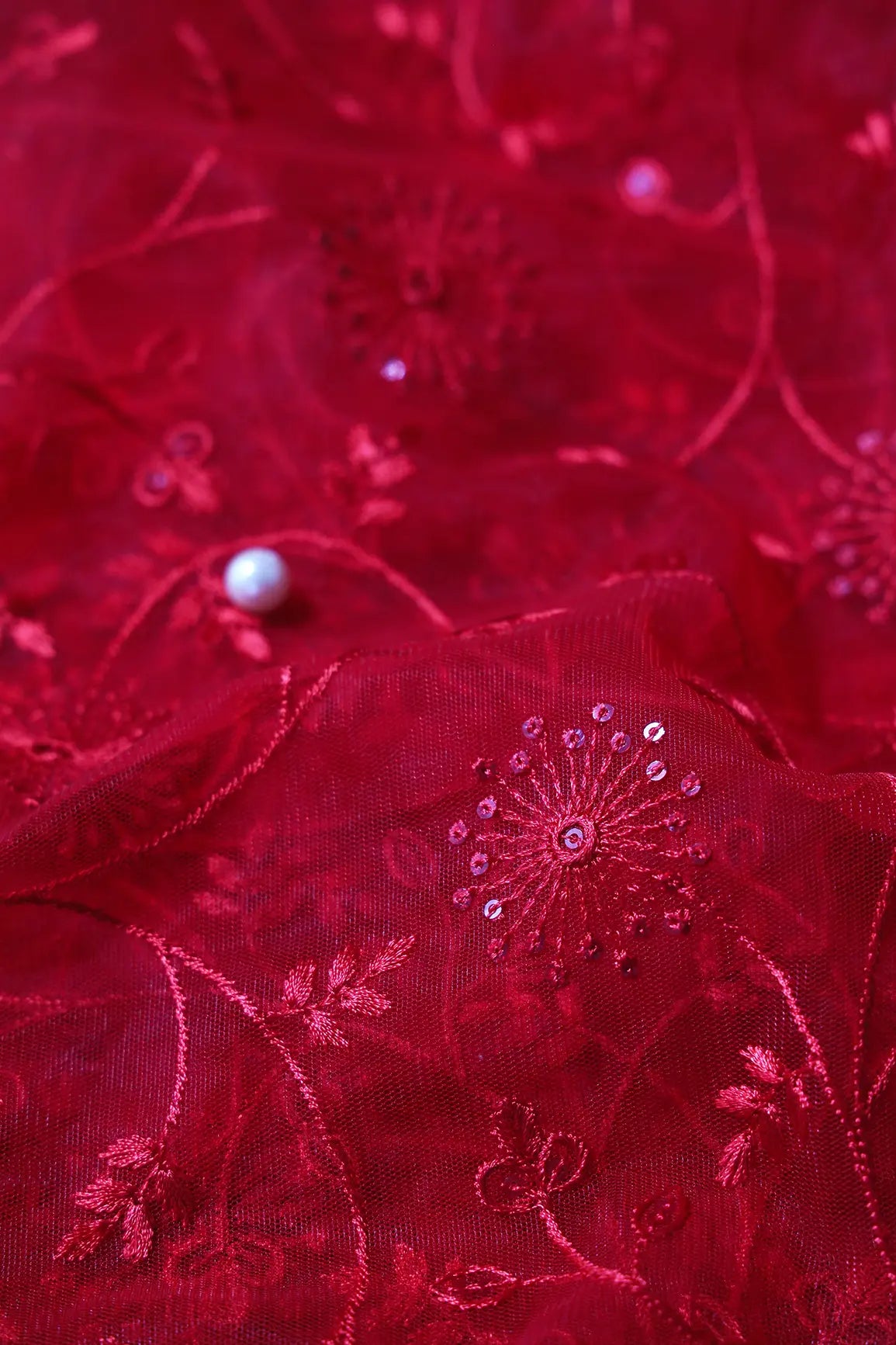 Red Sequins With Red Thread Floral Embroidery On Red Soft Net Fabric