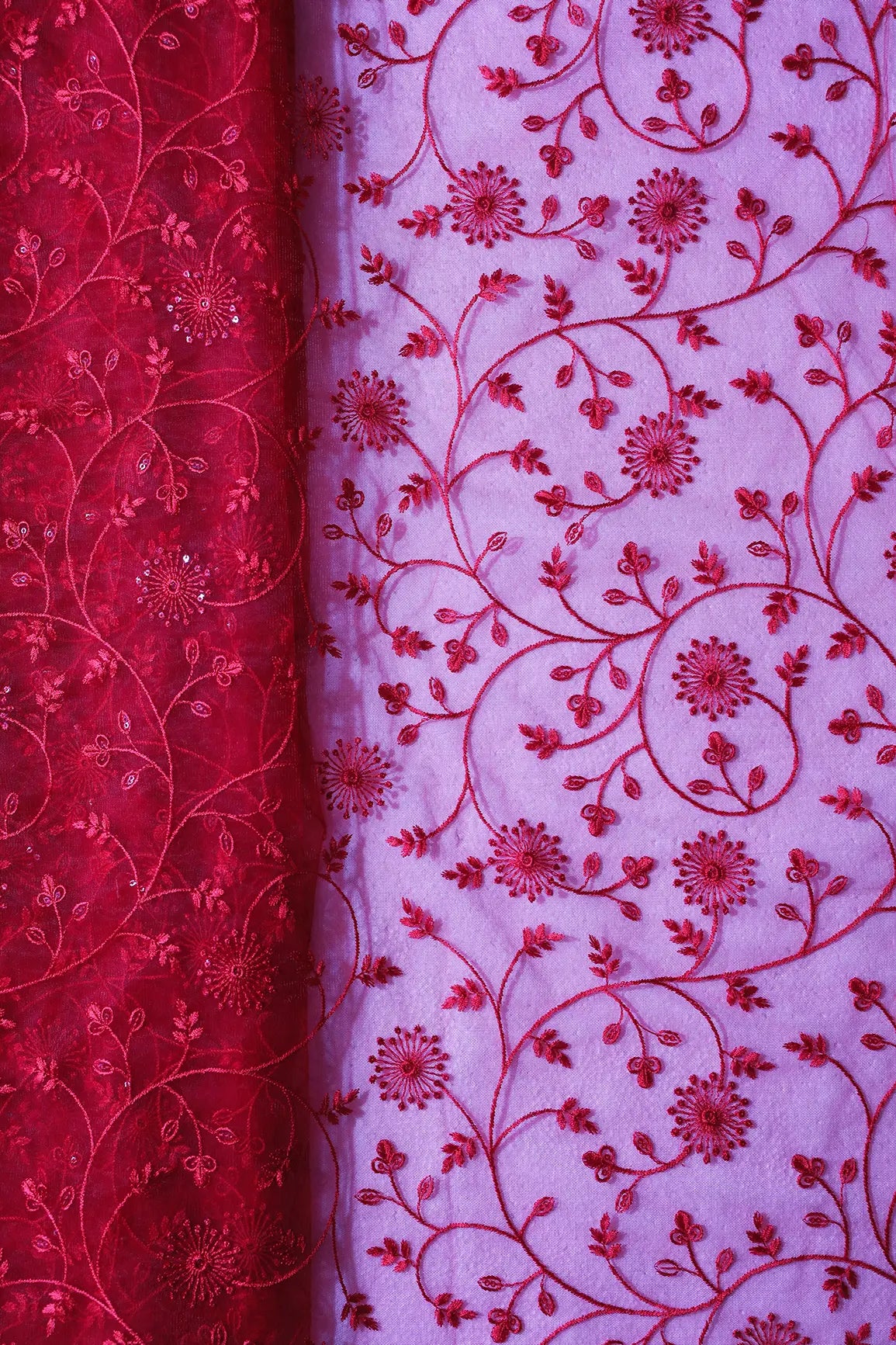 Red Sequins With Red Thread Floral Embroidery On Red Soft Net Fabric