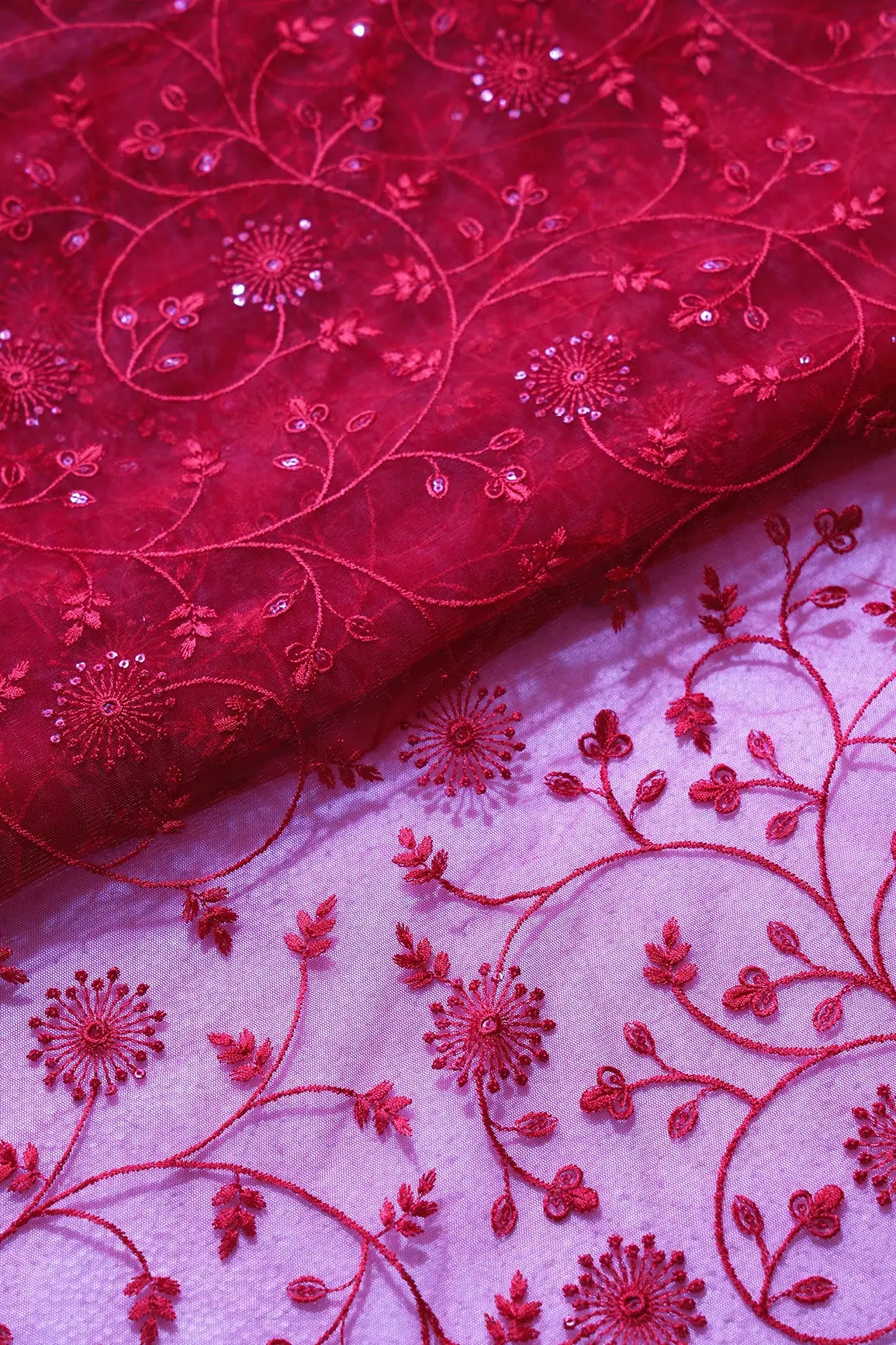 Red Sequins With Red Thread Floral Embroidery On Red Soft Net Fabric