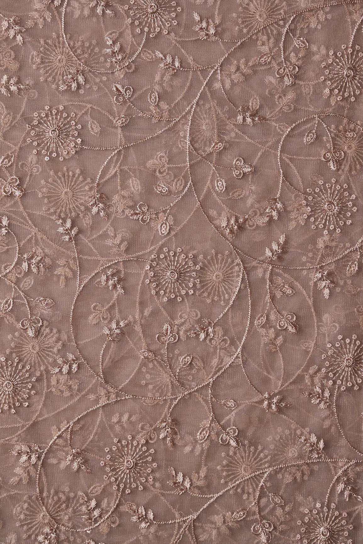 Beige Sequins With Beige Thread Floral Embroidery On Beige Soft Net Fabric