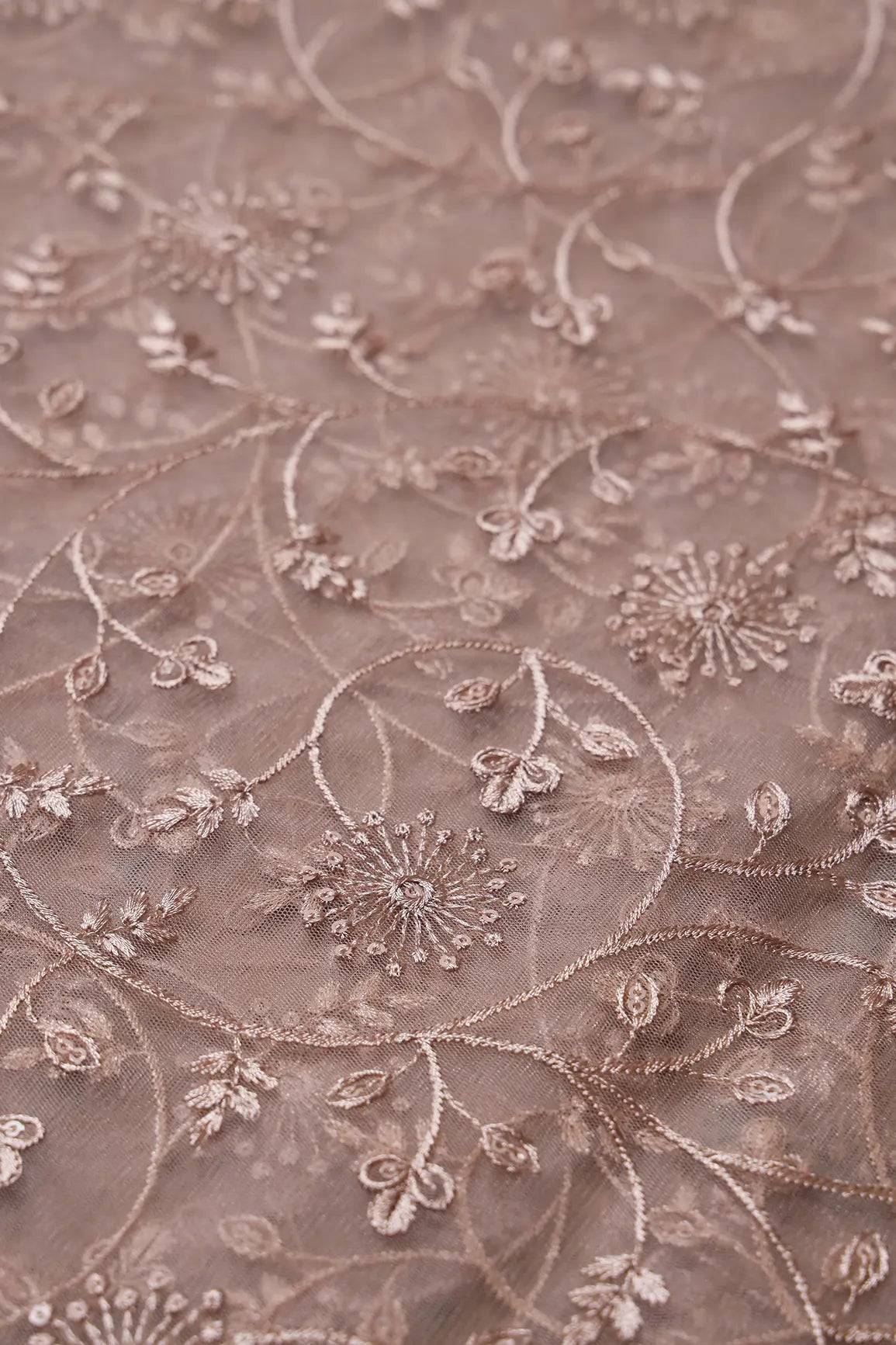 Beige Sequins With Beige Thread Floral Embroidery On Beige Soft Net Fabric