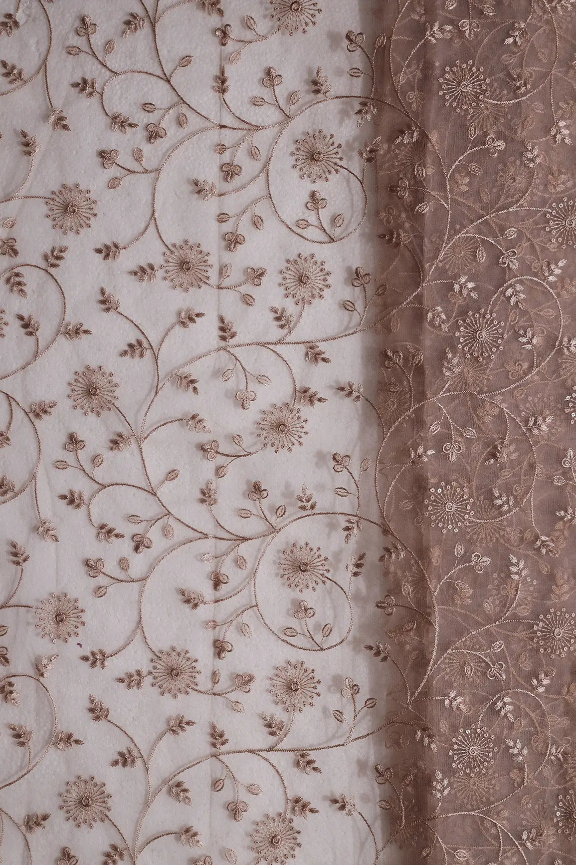 Beige Sequins With Beige Thread Floral Embroidery On Beige Soft Net Fabric