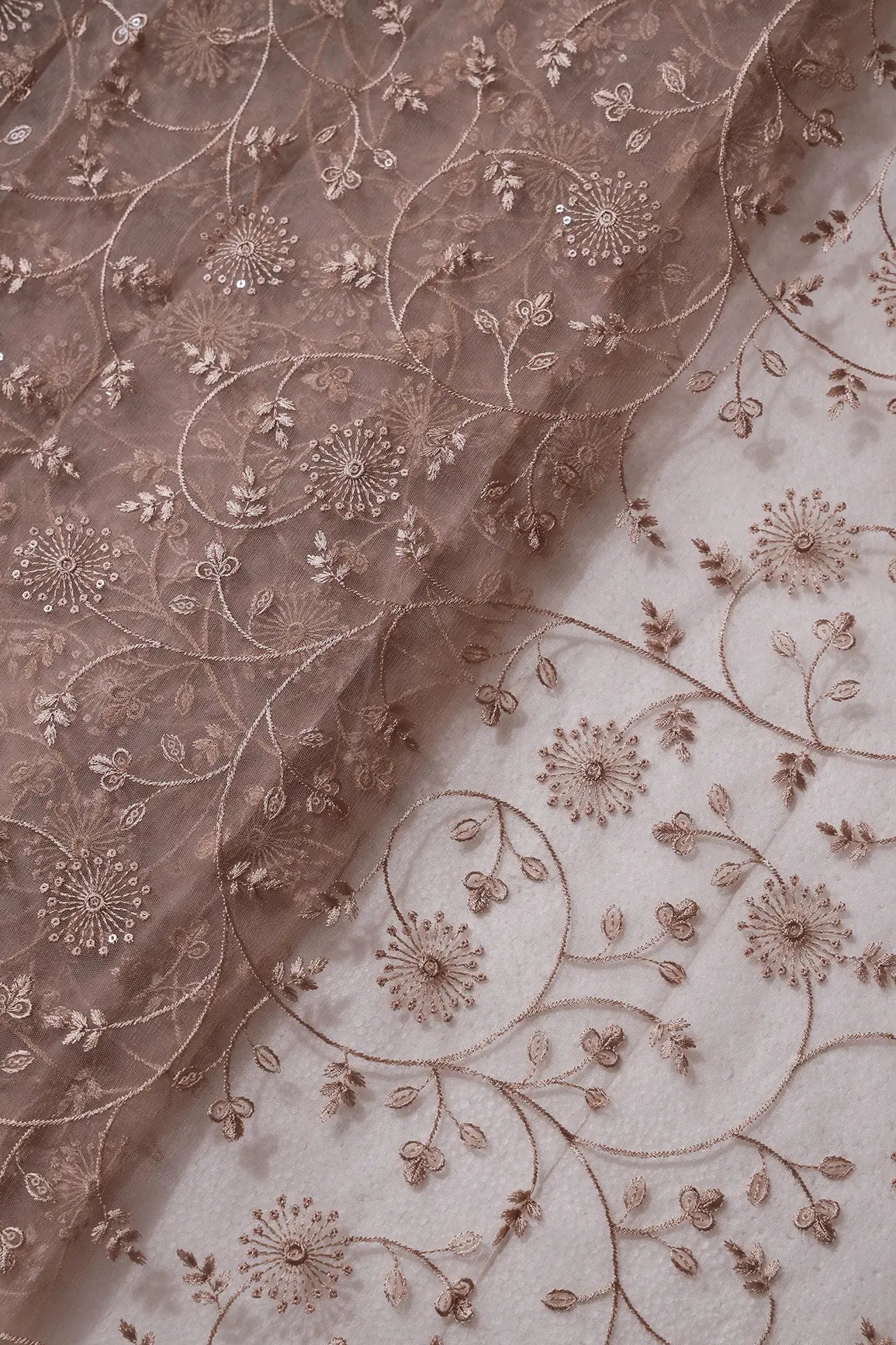 Beige Sequins With Beige Thread Floral Embroidery On Beige Soft Net Fabric