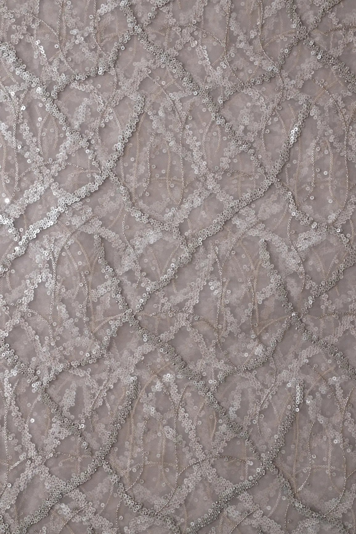 Silver Sequins Geometric Embroidery On Abalone Grey Soft Net Fabric