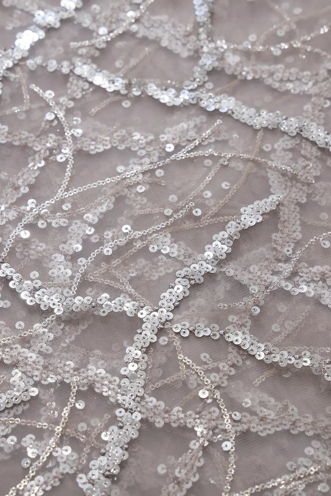 Silver Sequins Geometric Embroidery On Abalone Grey Soft Net Fabric