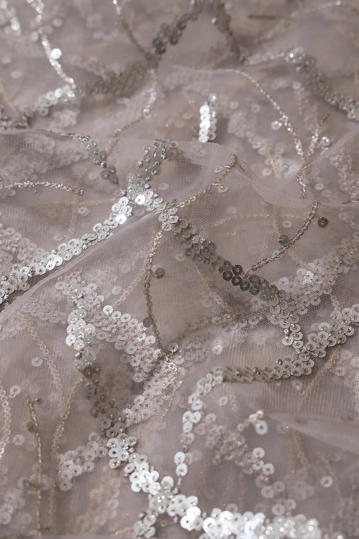 Silver Sequins Geometric Embroidery On Abalone Grey Soft Net Fabric