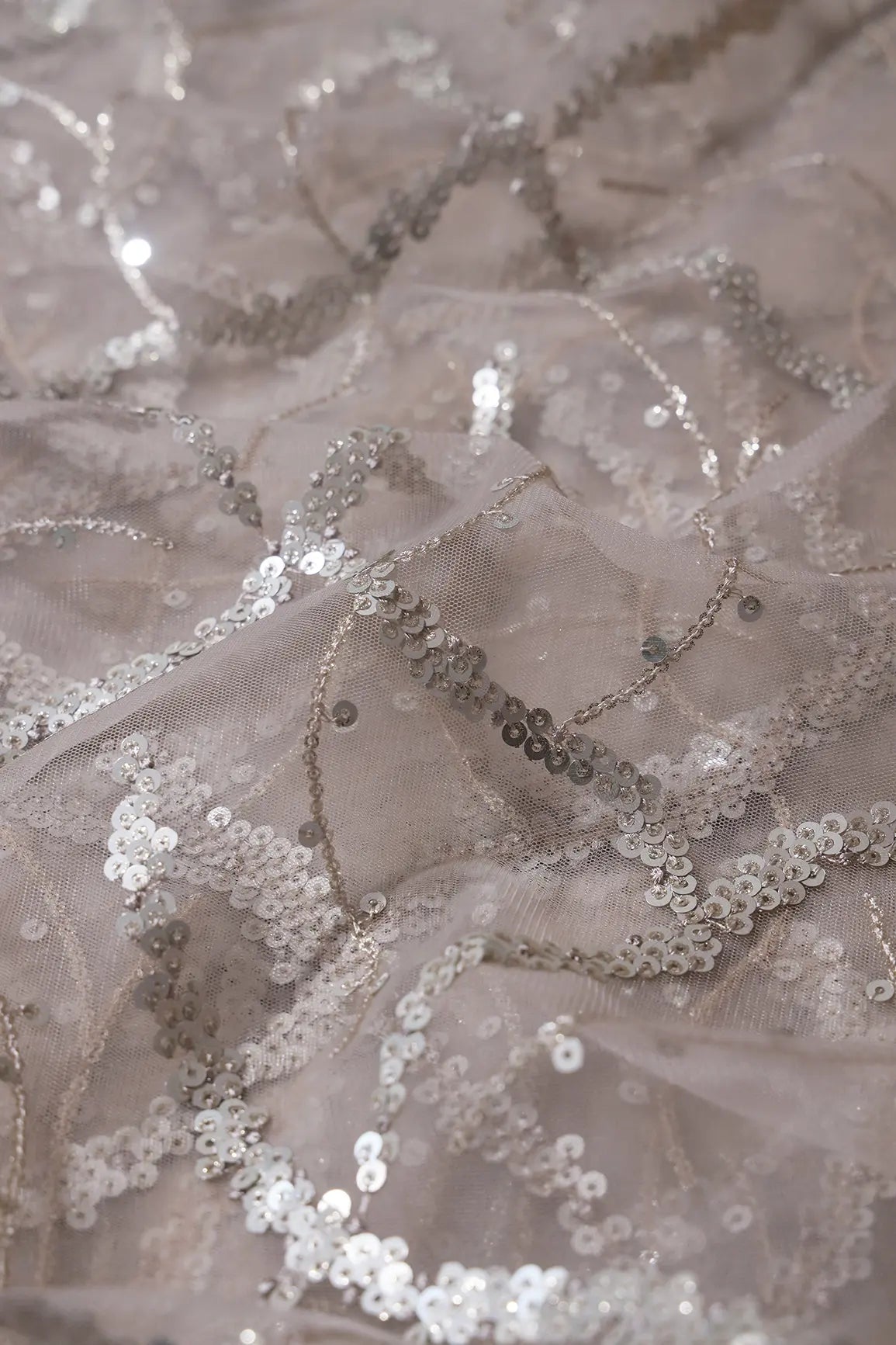 Silver Sequins Geometric Embroidery On Abalone Grey Soft Net Fabric