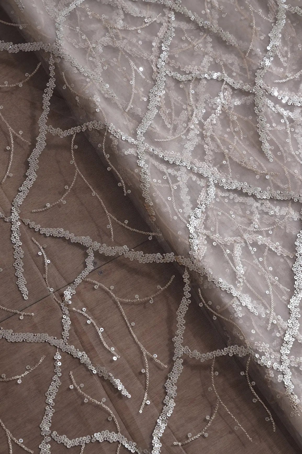 Silver Sequins Geometric Embroidery On Abalone Grey Soft Net Fabric