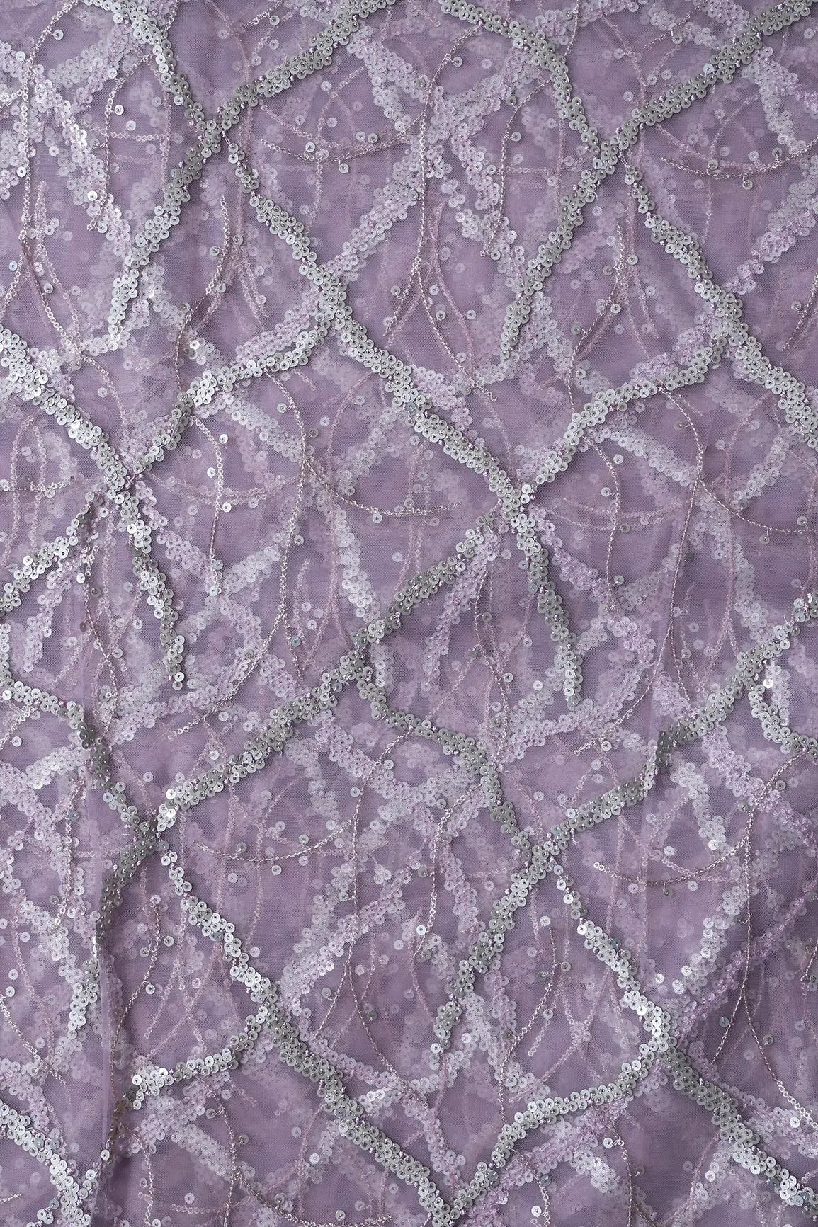 Silver Sequins Geometric Embroidery On Lilac Soft Net Fabric