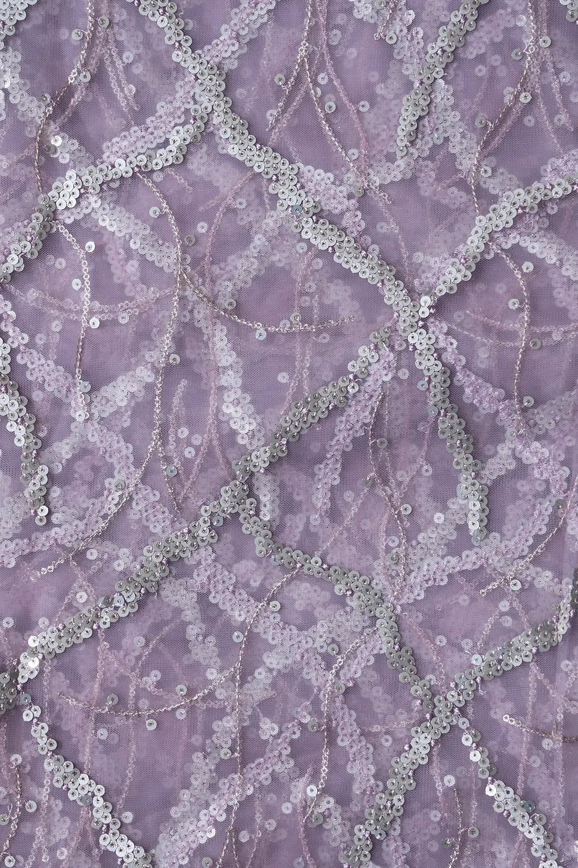 Silver Sequins Geometric Embroidery On Lilac Soft Net Fabric