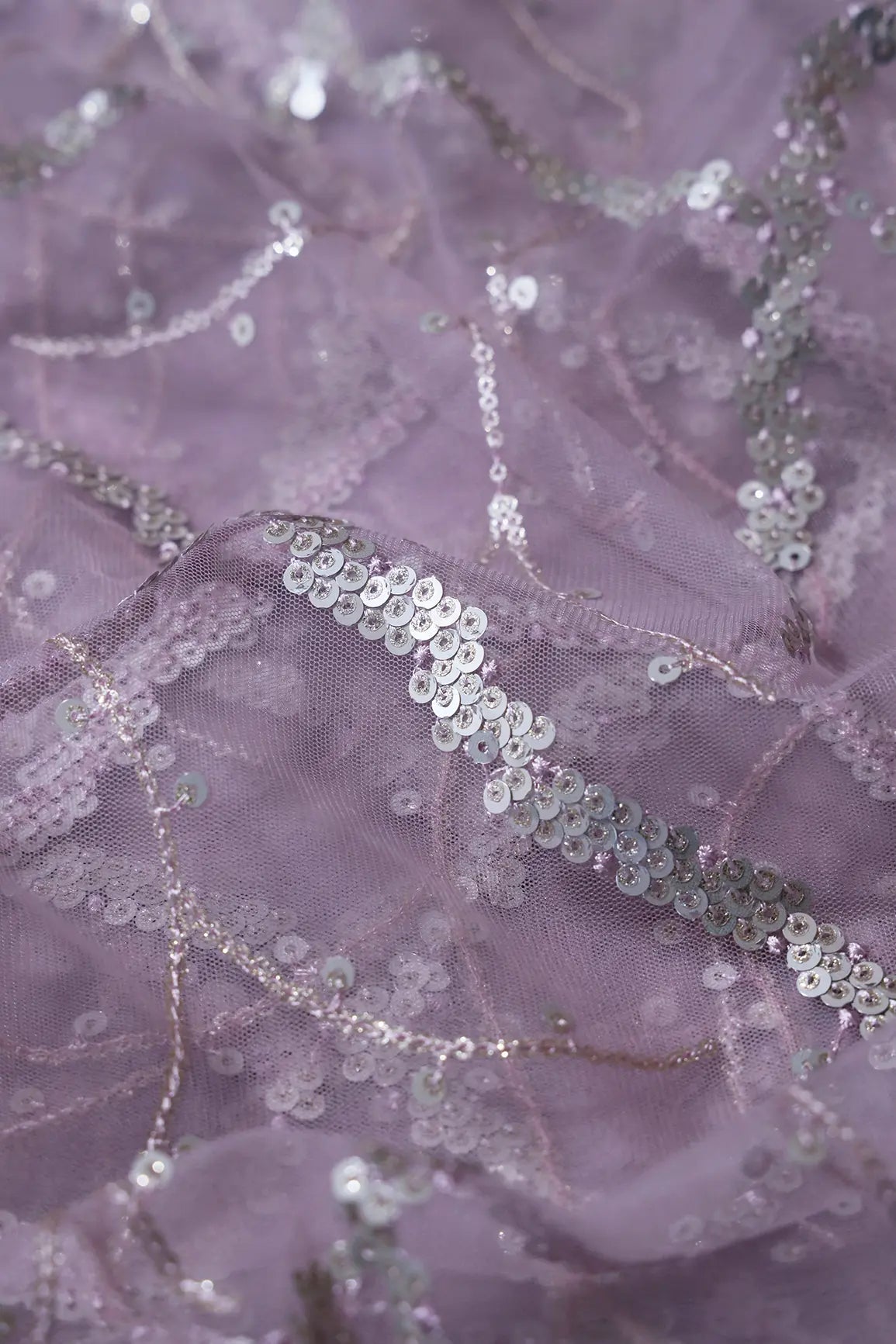 Silver Sequins Geometric Embroidery On Lilac Soft Net Fabric