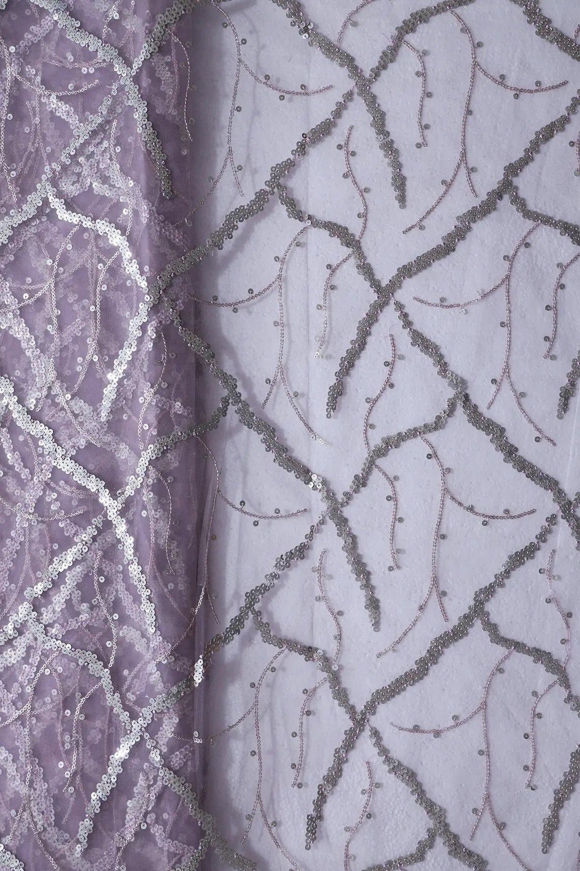 Silver Sequins Geometric Embroidery On Lilac Soft Net Fabric